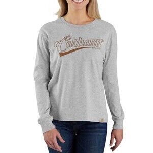 Carhartt Tee Womens 3X Gray Loose Fit Long Slv Graphic Logo Tencel Lightweight